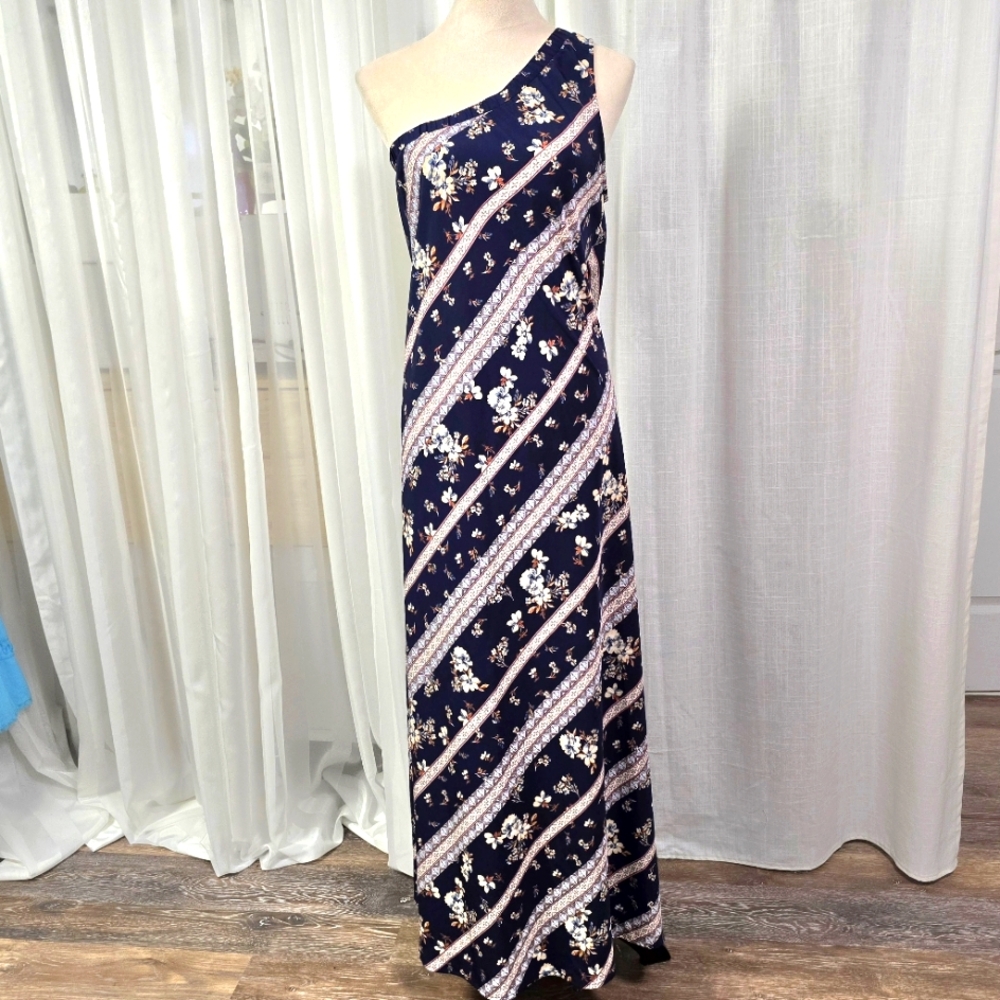 Chelsea Navy One Shoulder Floral Long Maxi Dress Womens Size M Sheath Dress
